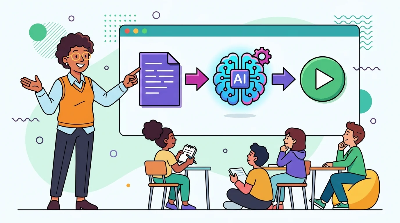 Vivid coral and electric blue numbered tutorial cards showing AI explainer video workflow