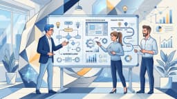 Team discussion around animated text layouts and timeline flow in a clean geometric blue illustration