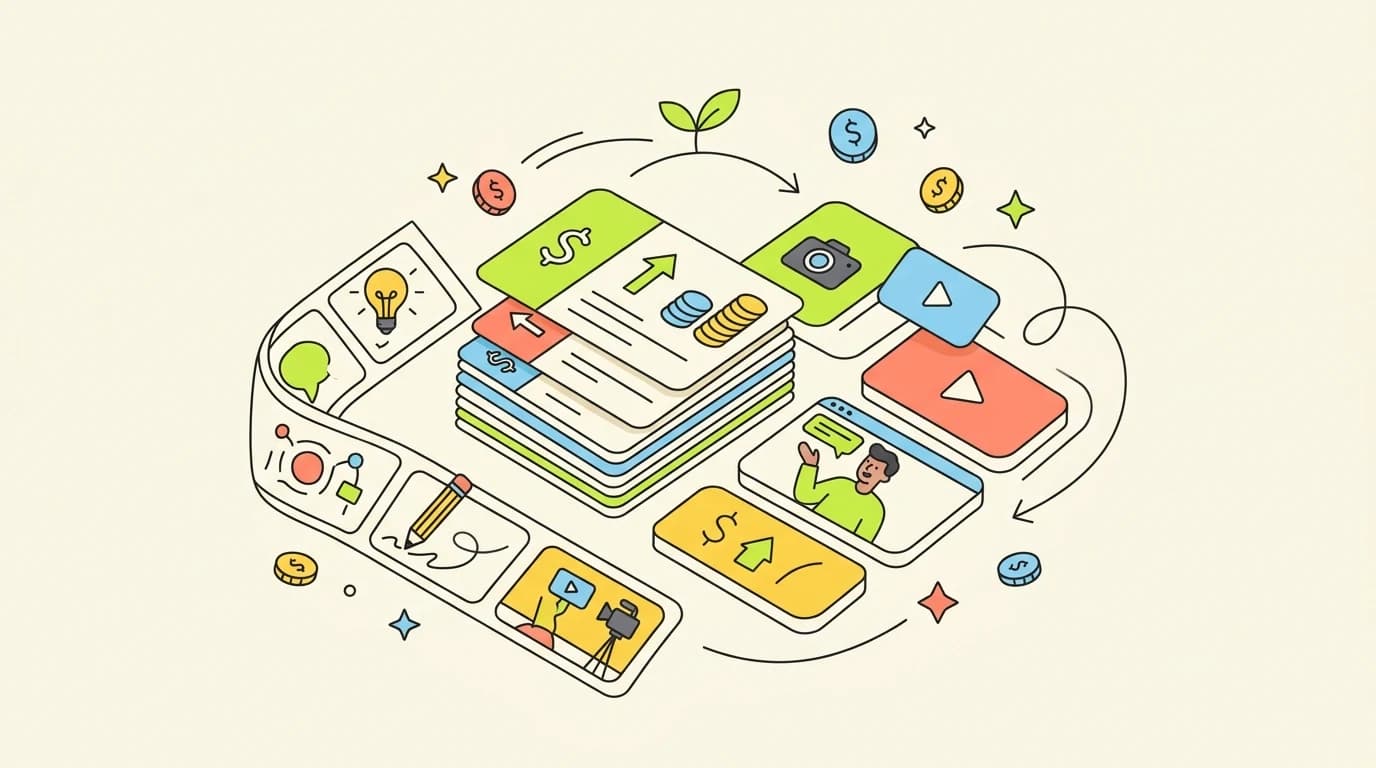 Modern pricing-themed cover with layered cards, numbers, and video storyboard elements