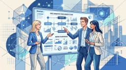 Minimalist business illustration of a team discussing a free animated video maker process with charts and boards