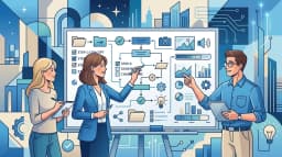 Friendly business illustration of three young people planning animated video scenes with process diagrams