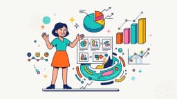 Animated data charts and infographic elements flowing together in a clean colorful explainer layout