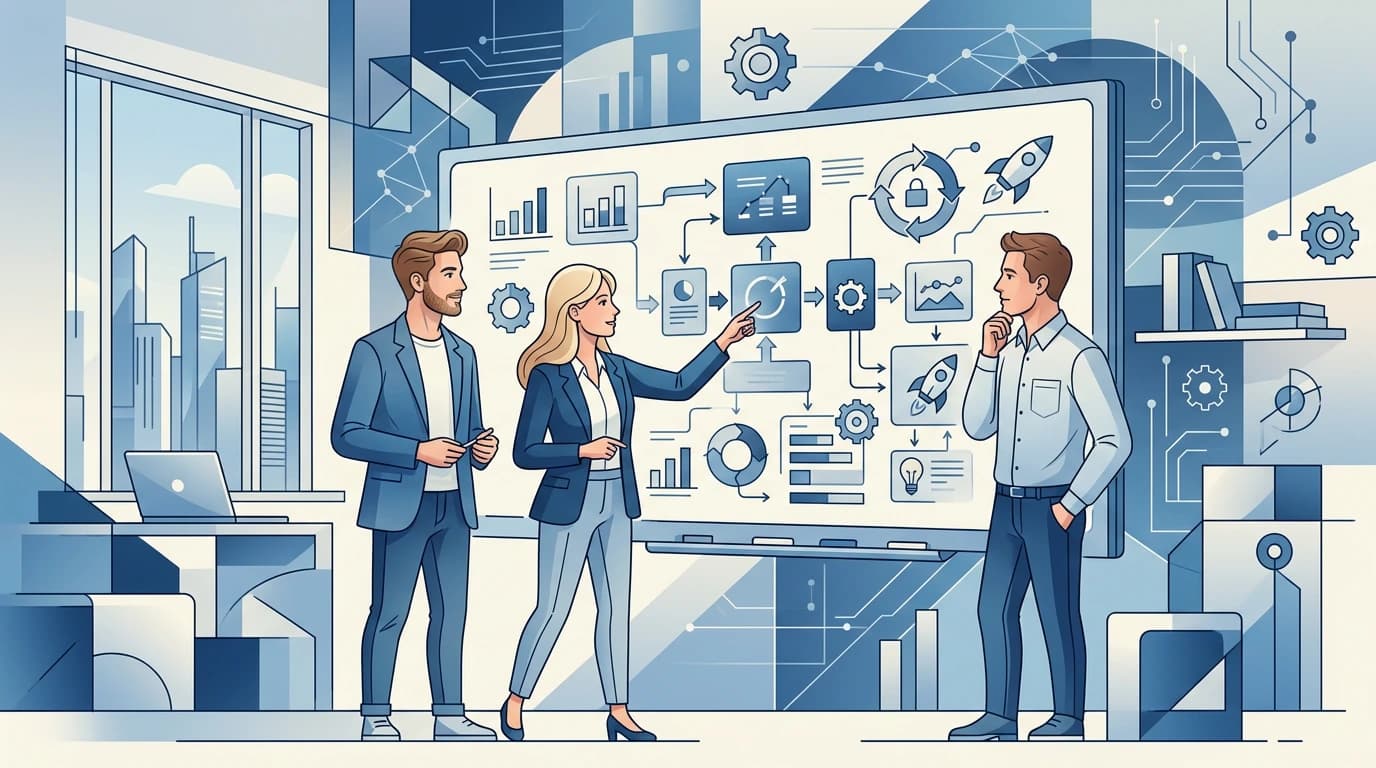 Young team mapping reusable motion graphic modules on a whiteboard with charts and process blocks
