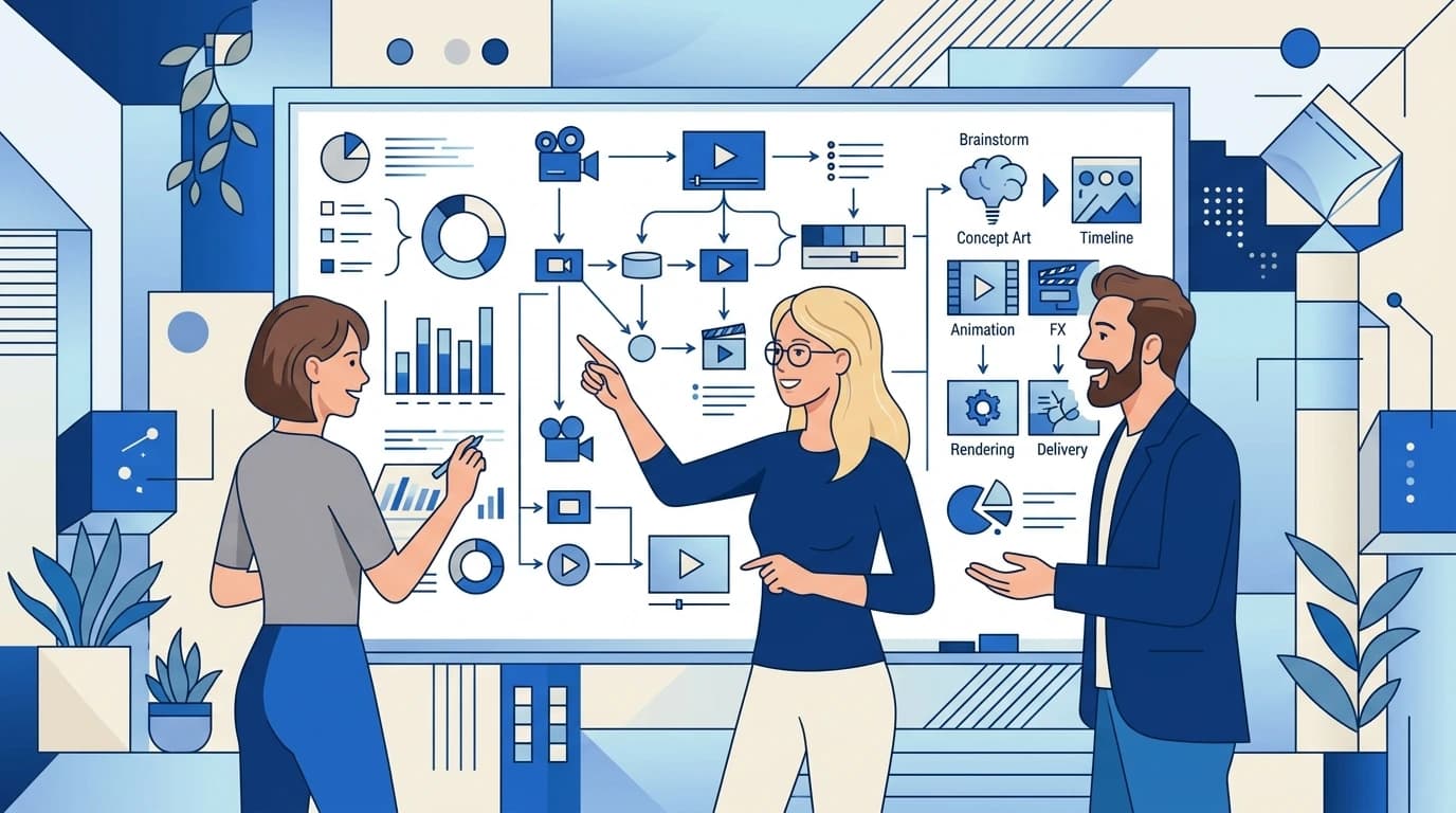 Three young professionals discussing motion graphics workflow at a whiteboard in a clean blue business illustration style