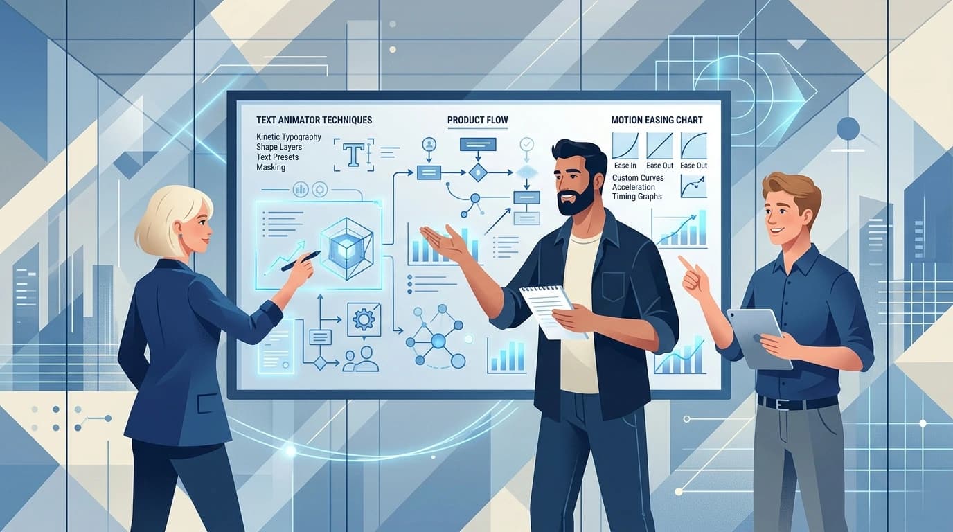 Three colleagues sketching text animation transitions and visual hierarchy on a business whiteboard