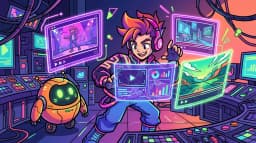 Cartoon engineer testing Veo 3 AI video on holographic panels