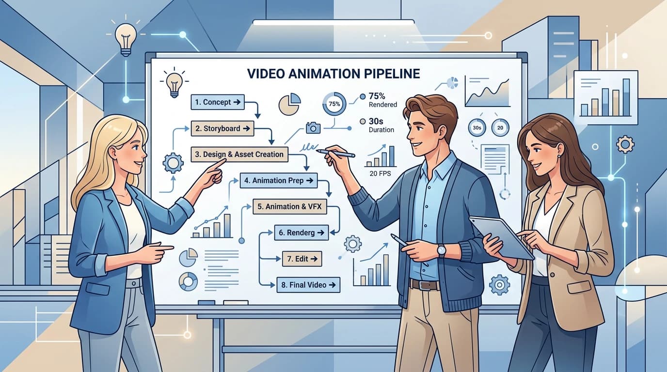 Three young colleagues analyzing video animation process maps and data charts in a modern office illustration