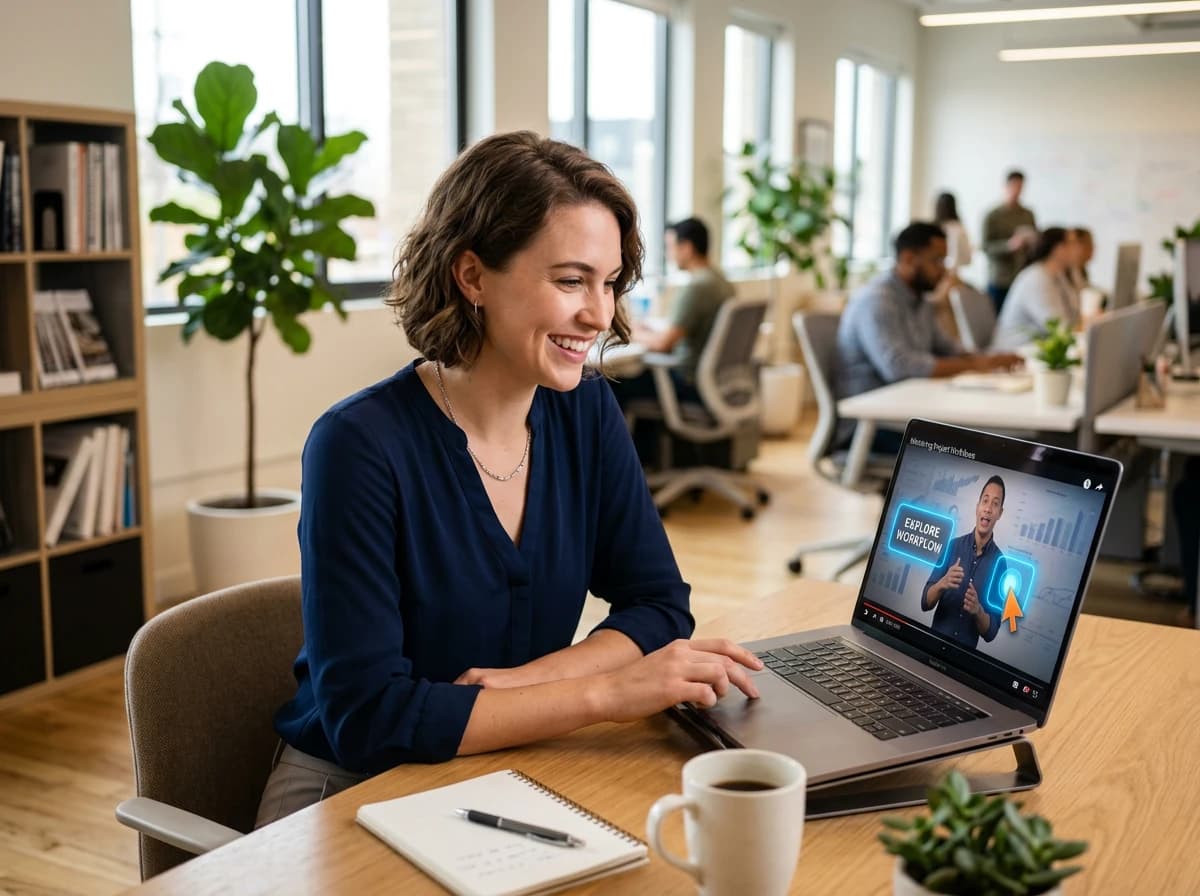 Person clicking on interactive video hotspots on laptop screen