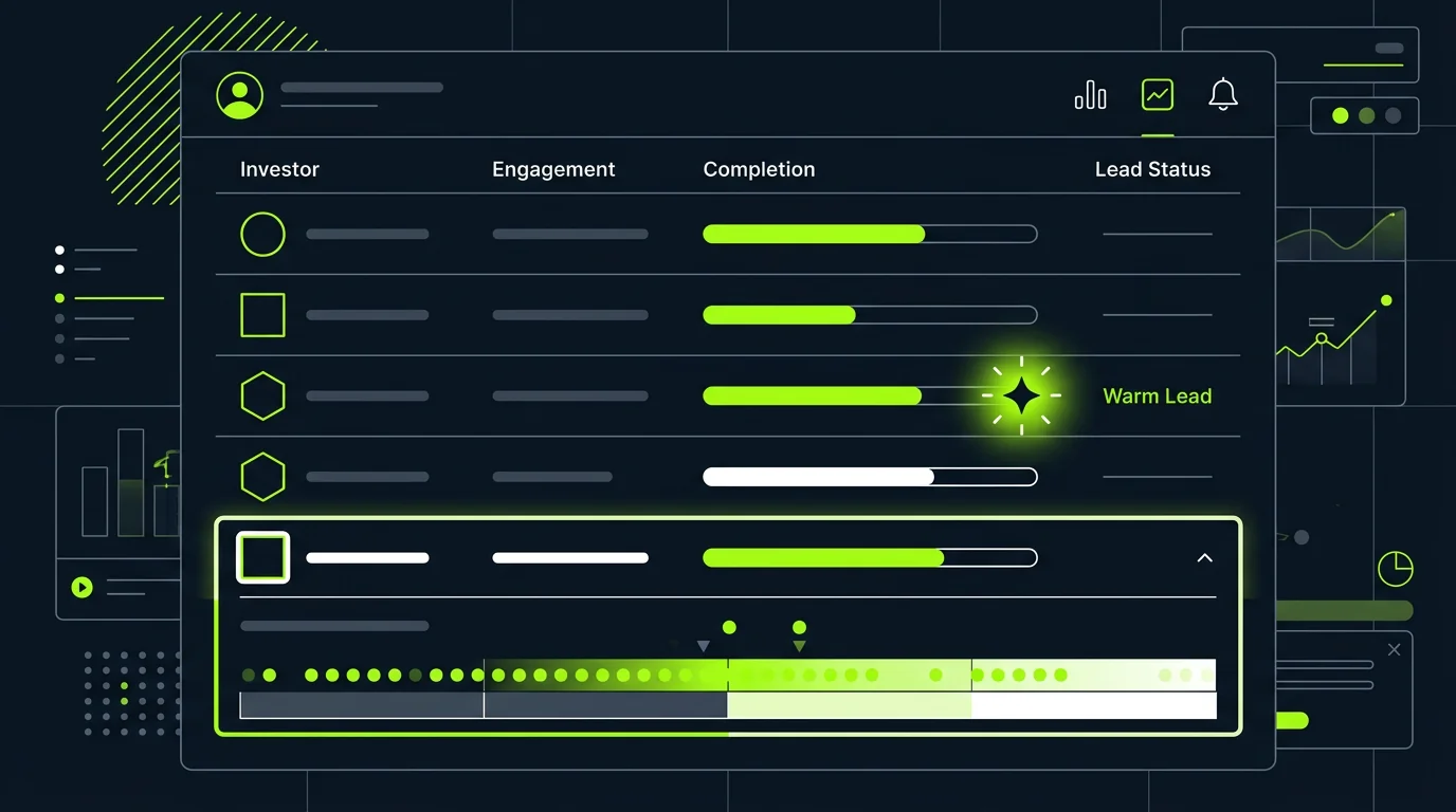 Founder reviewing investor pitch video engagement analytics dashboard