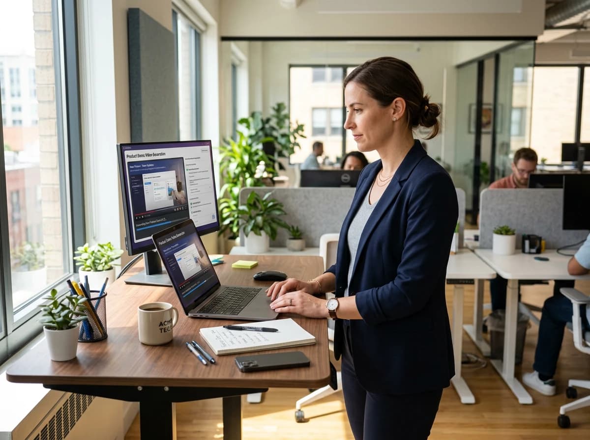 Product manager creating demo video from feature documentation on laptop